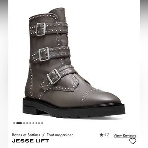 Stuart Weitzman Gray Combat Moto Boots with Studded Straps